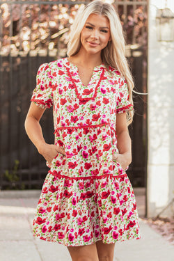 Floral Puff Sleeve Tiered Ric Rac Pocketed Mini Dress