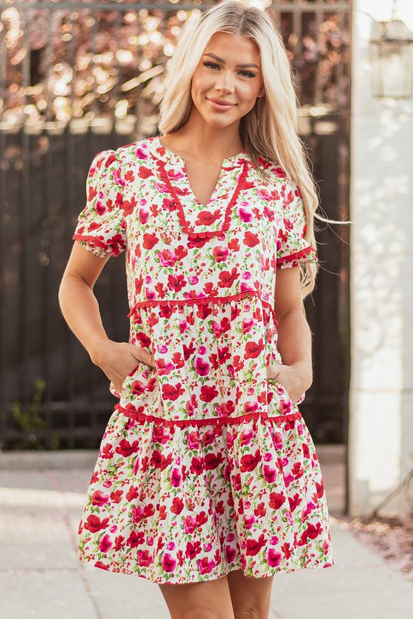 Floral Puff Sleeve Tiered Ric Rac Pocketed Mini Dress