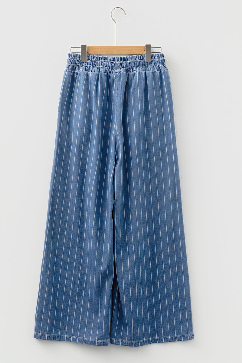Stripe Chambray Wide Leg Tied Elastic Waist Trousers