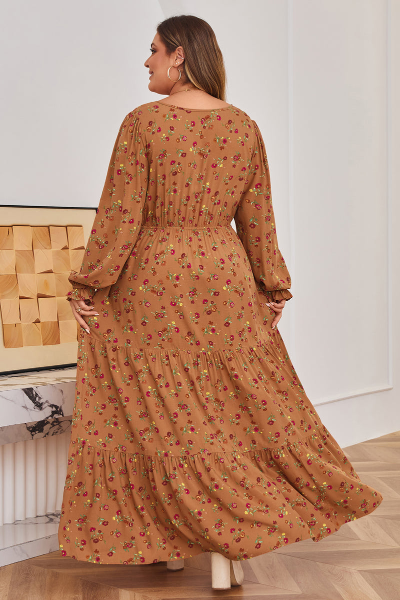 Plus Size Floral Split V Neck Ruffled Sleeve Tiered Maxi Dress