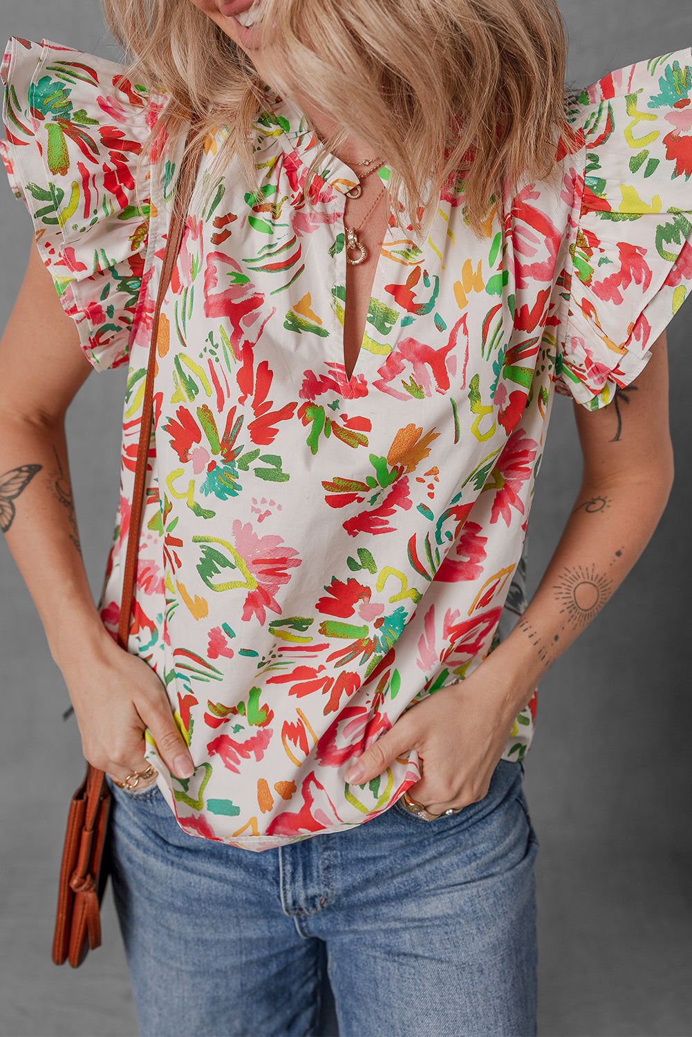 Allover Floral Printed Flutter Sleeve Split Neck Blouse