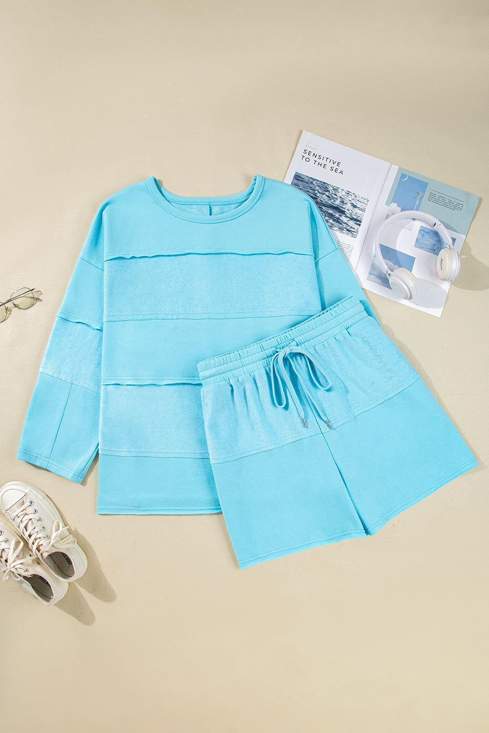 Plus Size Solid Color Splicing Raw Hem Pullover Top Shorts Set