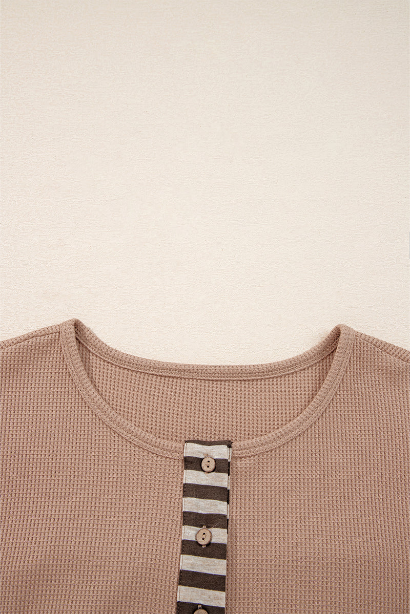 Waffle Stripe Plaid Patchwork Henley Knit Top
