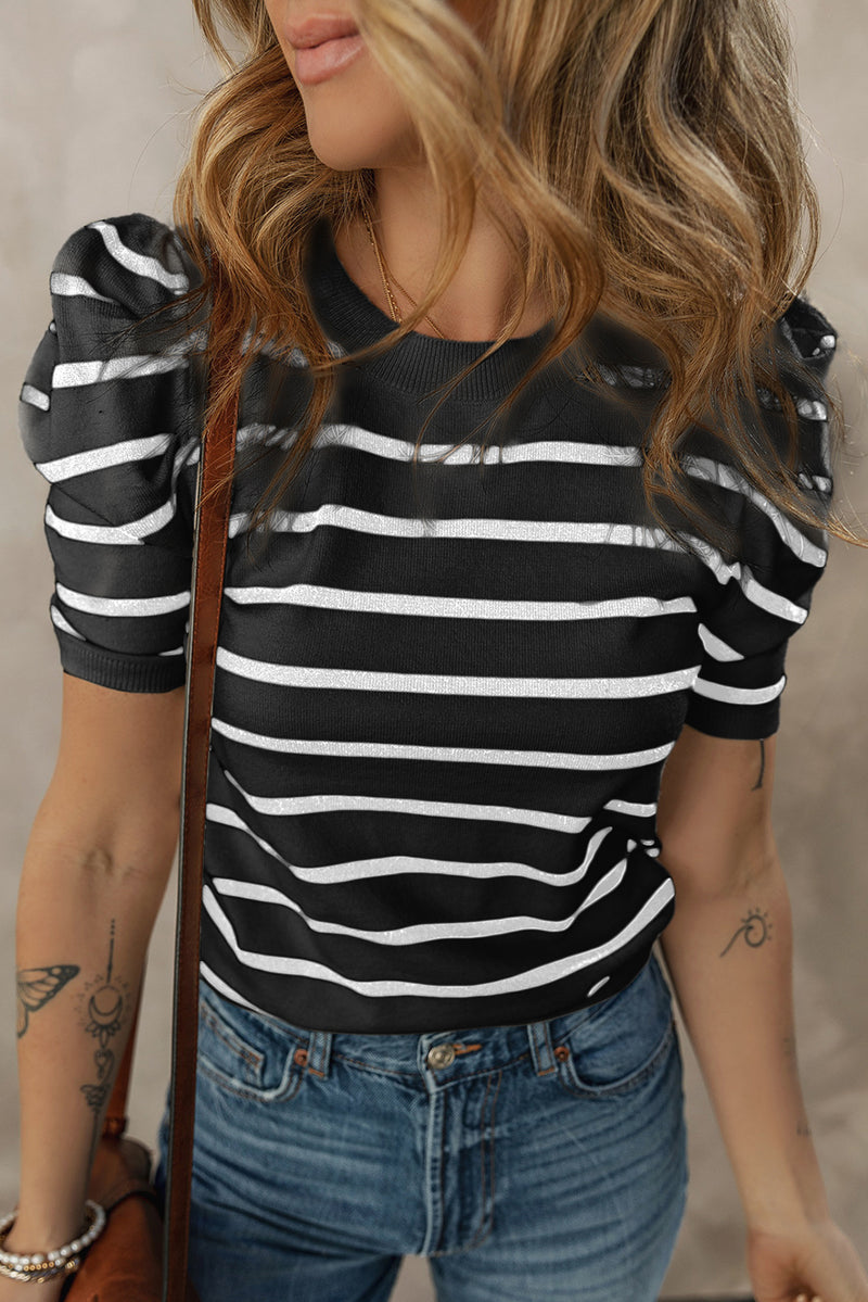 Stripe Ribbed Trim Round Neck Bubble Sleeve Knitted Top
