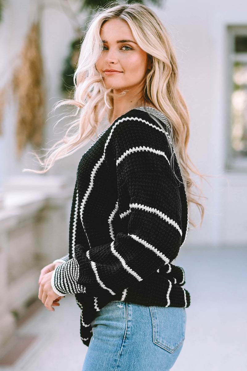Colorblock Striped V Neck Knitted Loose Sweater