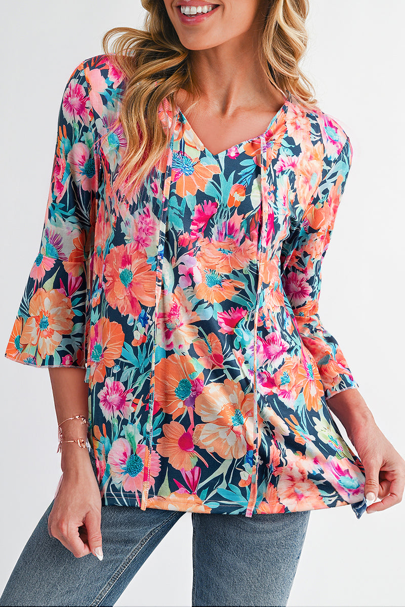 Floral 3/4 Flare Sleeve Tied V Neck Blouse