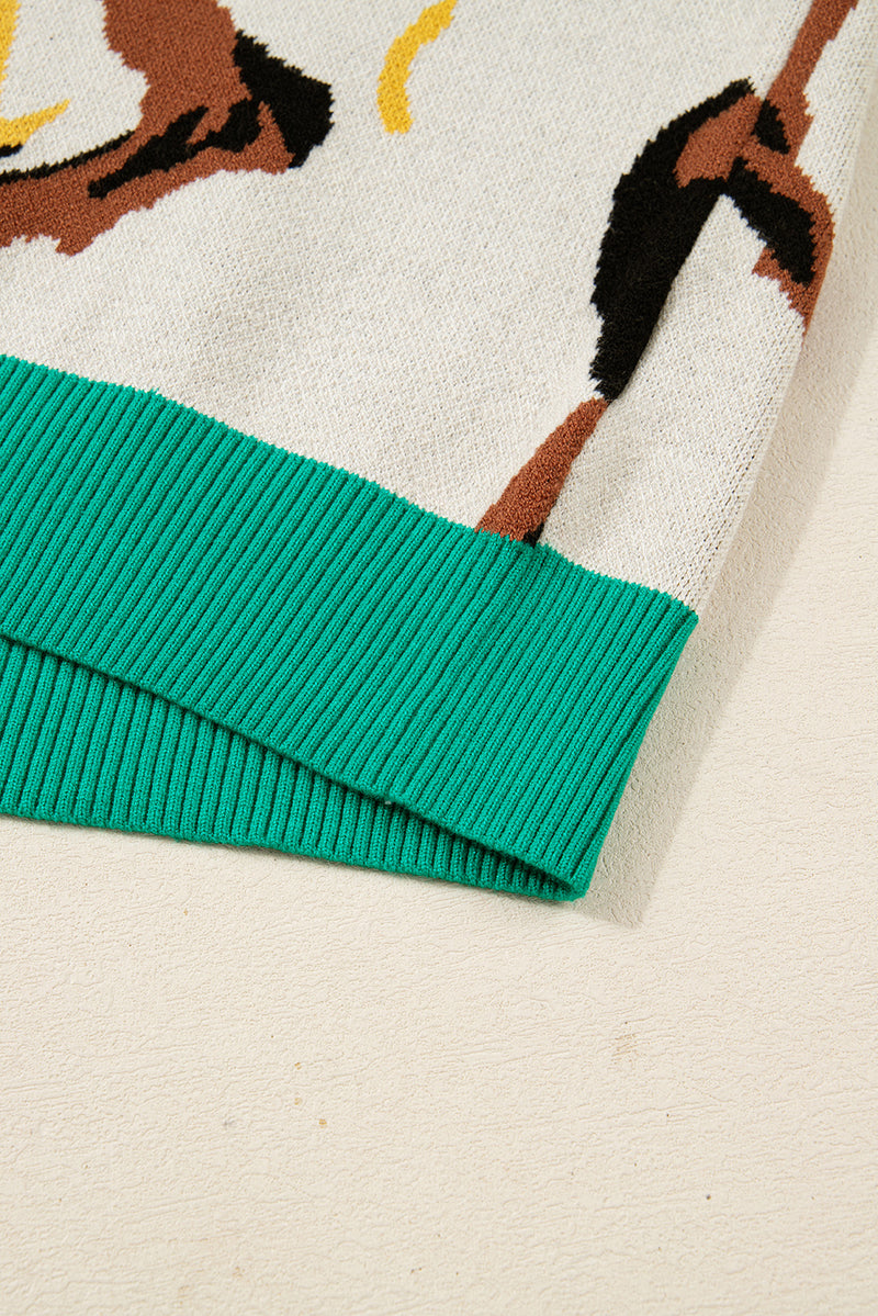 Contrast Ribbed Stripes Detail Animal Pattern Knit Sweater