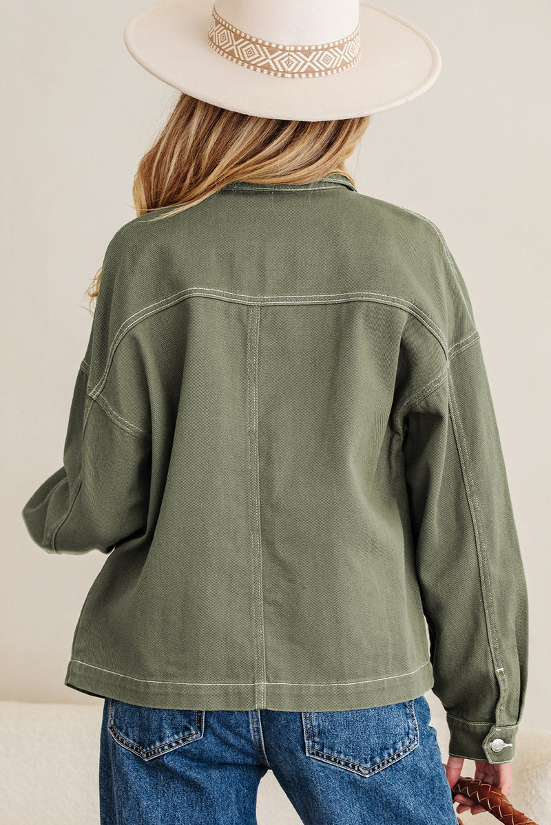 Moss Green Patched Pocket Collared Button Front Boyfriend Denim Jacket
