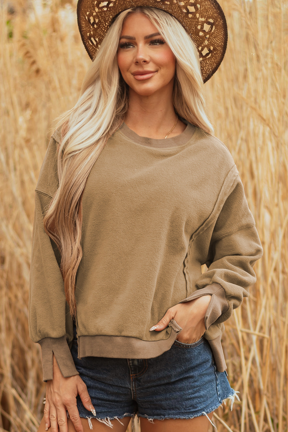 Fuzzy Sherpa Splicing Pullover Sweatshirt with Side Slit