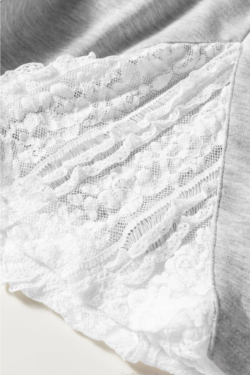 Lace Patchwork Drop Shoulder Pullover Drawstring Skort 2pcs Outfit