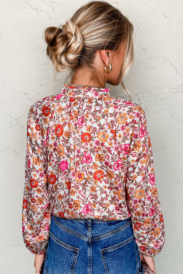Pink Floral Print Tie Split Neck Bracelet Sleeve Blouse