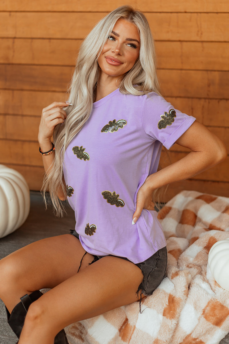 Sequin Halloween Bat Patched Casual T Shirt