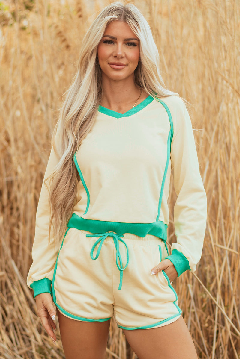 Contrast Trim Colorblock Long Sleeve Pullover and Drawstring Shorts 2pcs Outfit