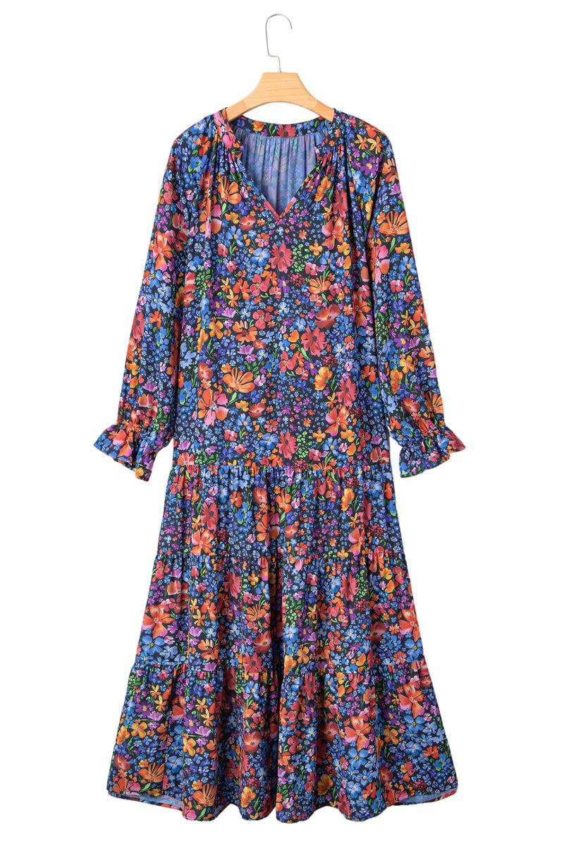 Print Tassel Tie V Neck Long Sleeve Flowy Long Dress