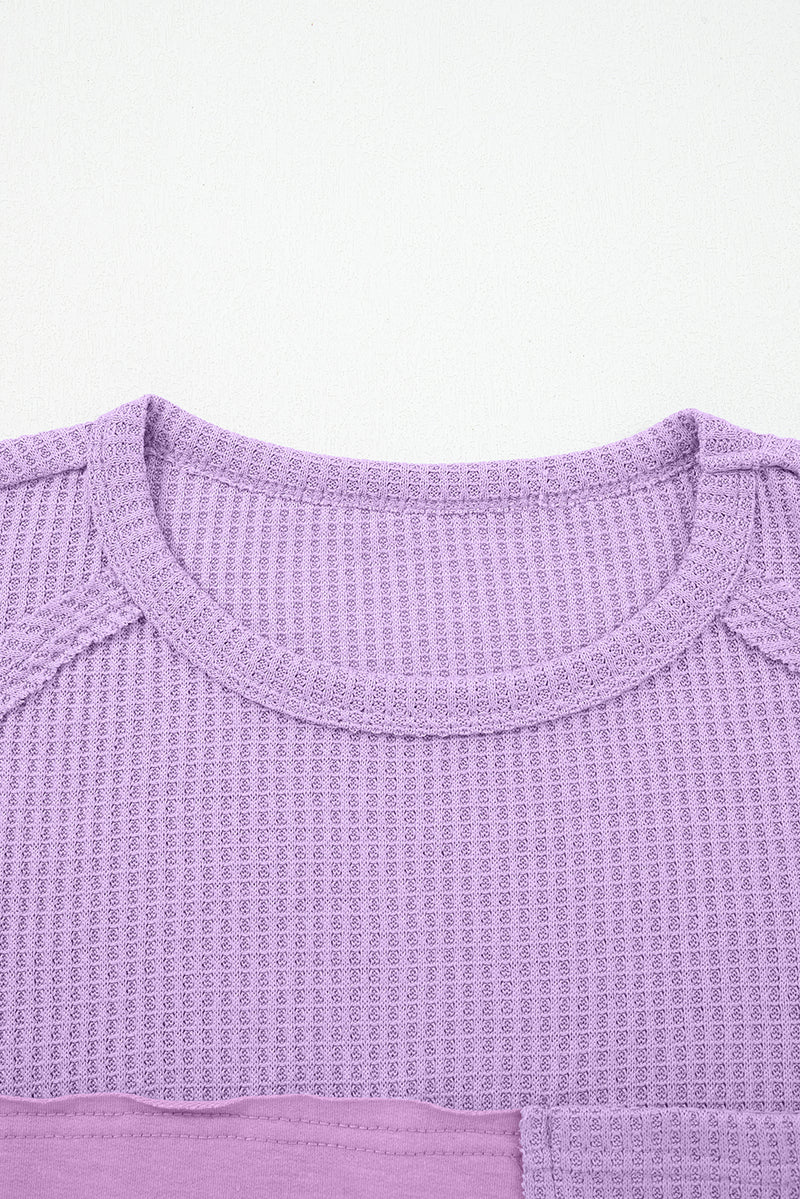 Thermal Knit Contrast Textured Patchwork Long Sleeve Top
