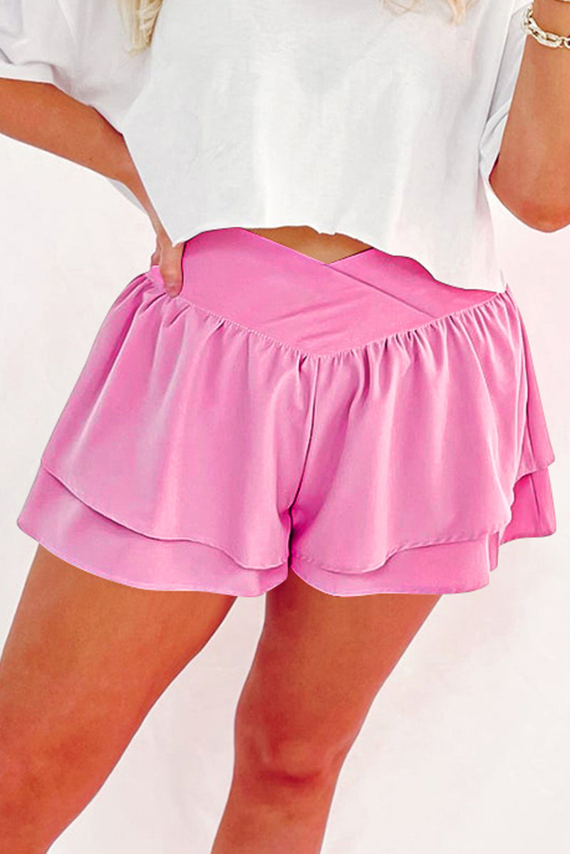 Solid Crossed Waist Tiered Flowy Shorts