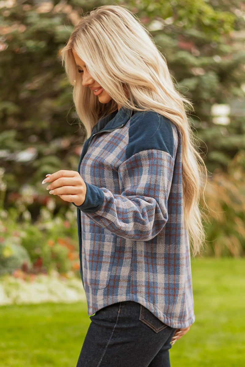 Plaid Corduroy Patchwork Collared Zip Up Snap Button Jacket
