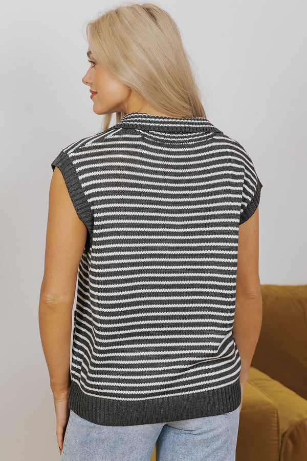 Stripe Collared V Neck Sweater Vest with Pockets