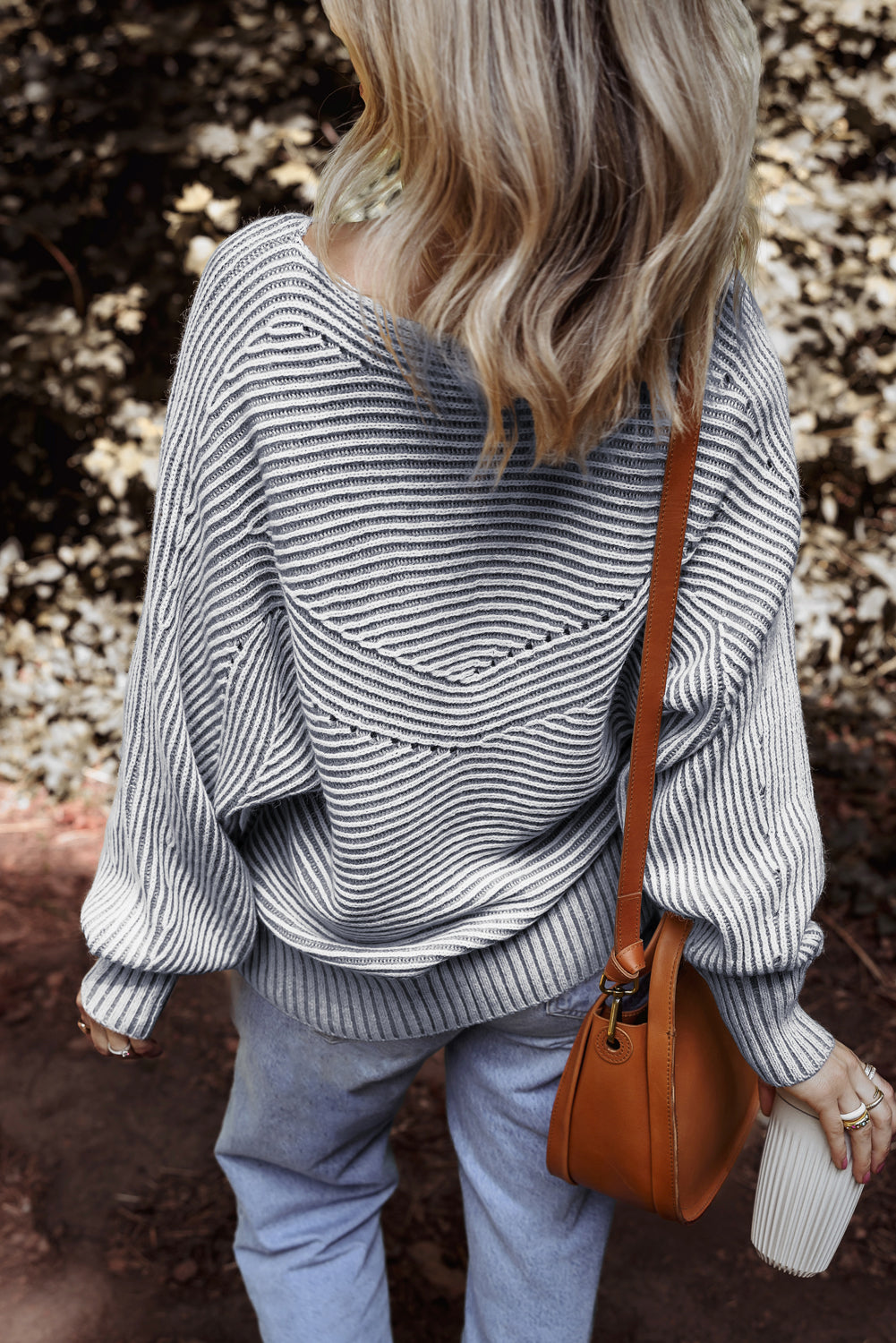 Striped Print Ribbed Knit Boat Neck Baggy Sweater