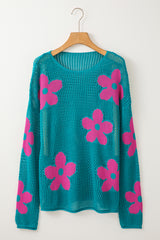Teal Big Flower Hollowed Knit Drop Shoulder Sweater
