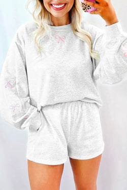 Girly Bow Embroidered Detail Puff Sleeve Pullover 2pcs Short Set