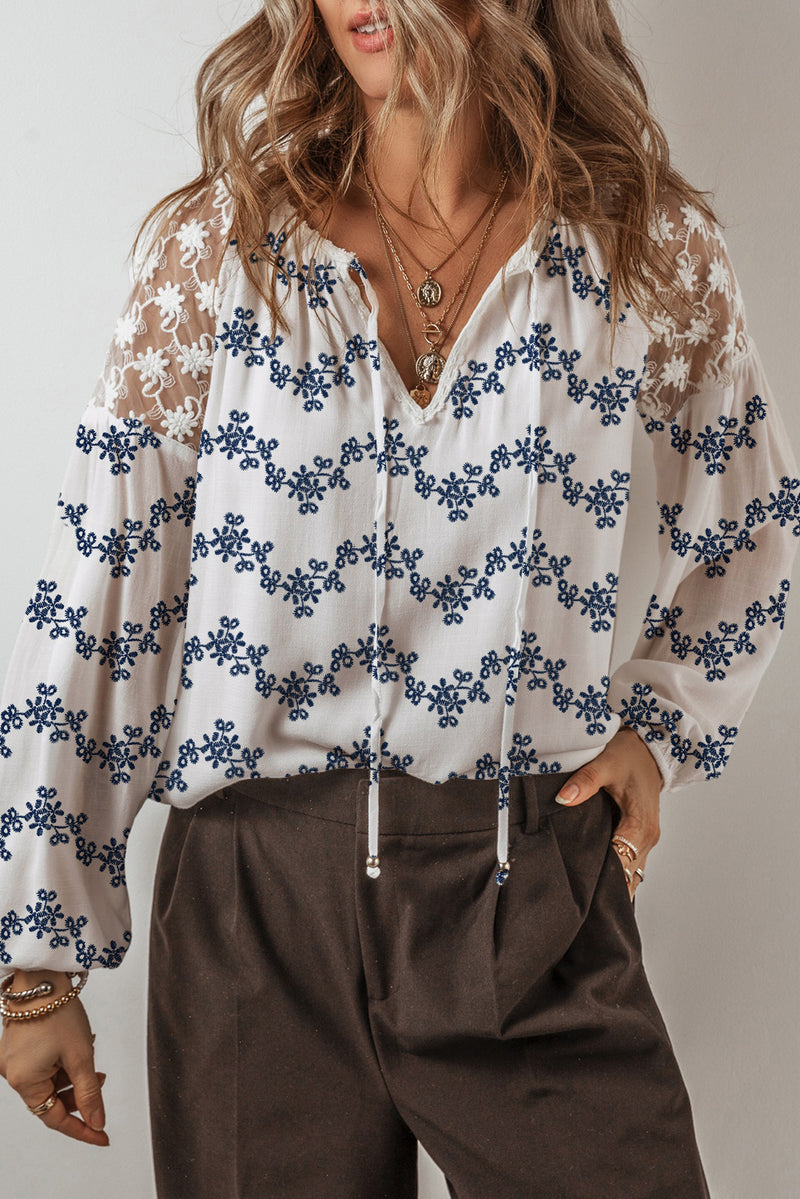 Lace Patchwork Floral Bubble Sleeve V Split Neck Blouse