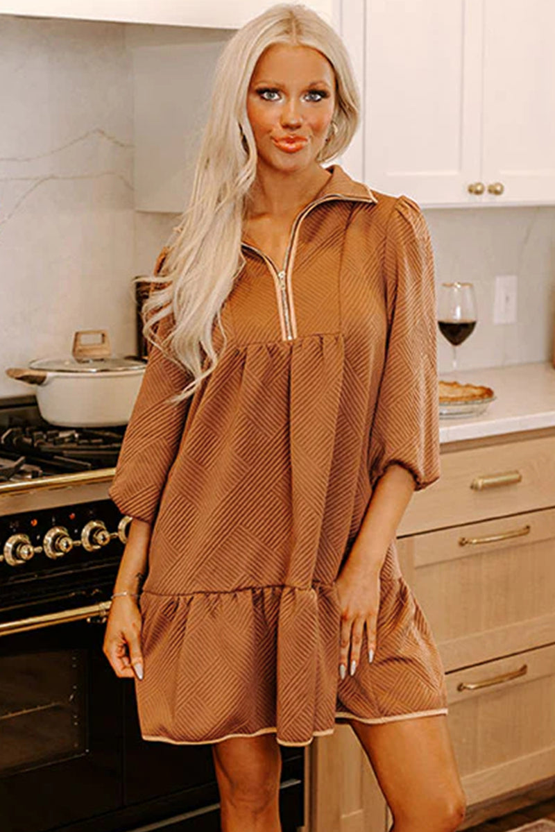 Quarter Zip Collar Bracelet Sleeve Textured Mini Dress