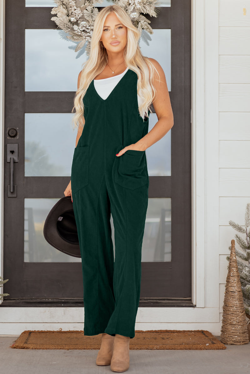 Corduroy V Neck Patched Pocket Sleeveless Jumpsuit