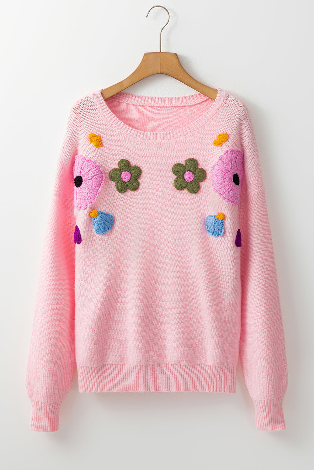 Soft Colored Knitted Flower Pattern Ribbed Edge Sweater
