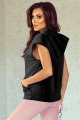Solid Color Cap Sleeve Kangaroo Pocket Hoodie