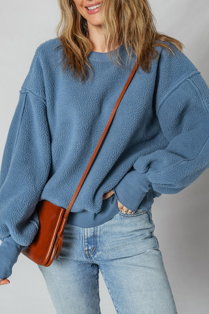 Fleece Drop Shoulder Exposed Seam Patchwork Casual Sweatshirt