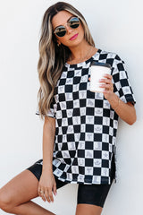 Western Fashion Checkerboard Print Side Split T Shirt