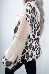 Oversized Leopard Contrast Mixed Texture Patchwork Zip Up Drop Shoulder Hoodie