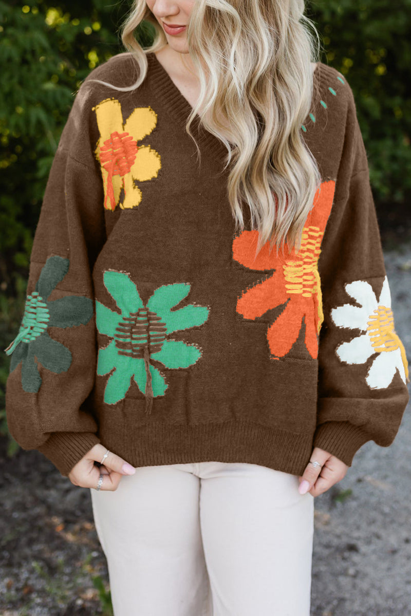 Solid Big Flower Pattern V Neck Drop Shoulder Sweater