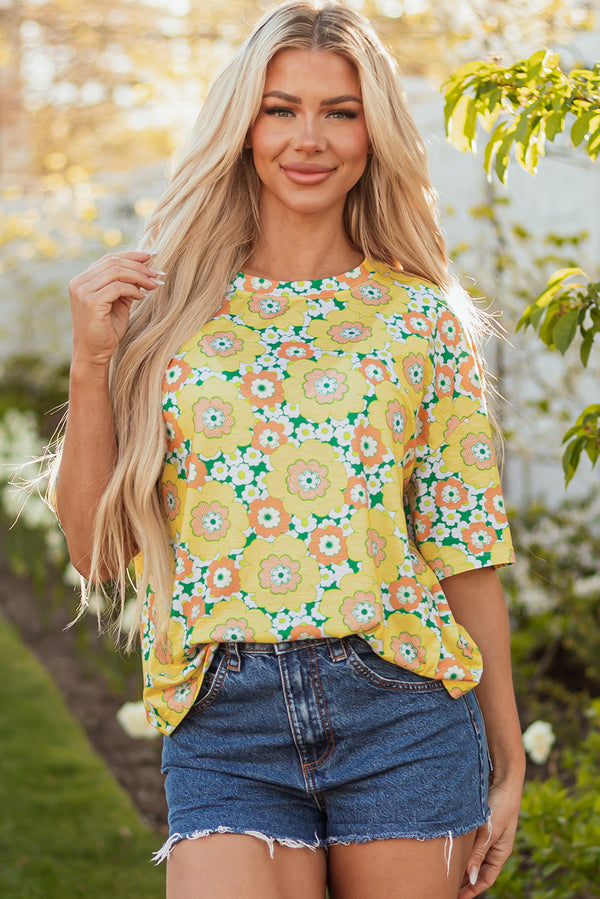 Summer Flower Printed Drop Shoulder Loose T Shirt