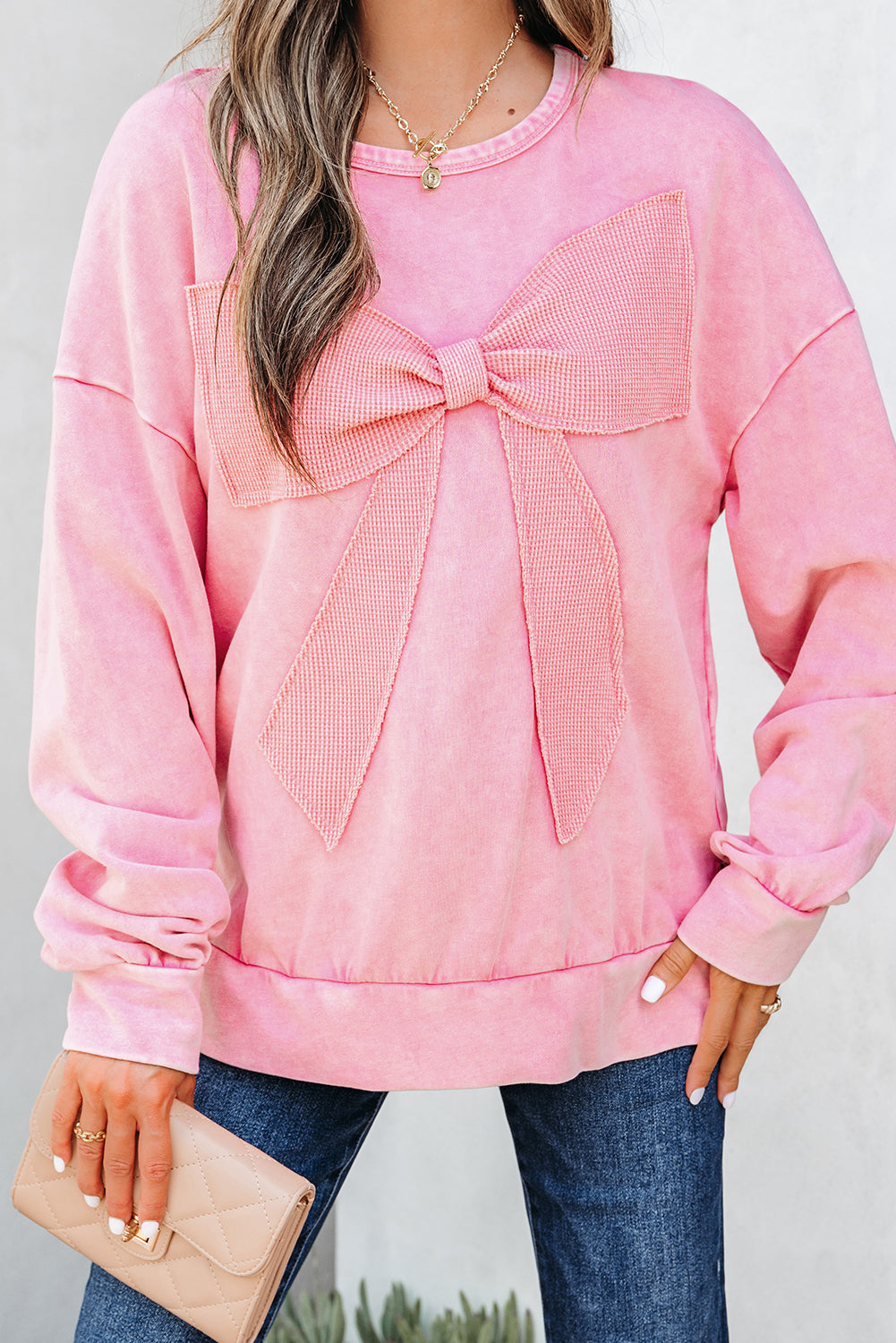 Mineral Wash Big Bow Patchwork Pullover Sweatshirt