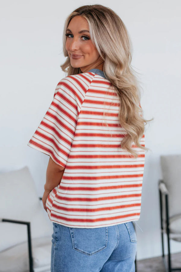 Stripe Print Contrast Collar Raglan Sleeve T Shirt