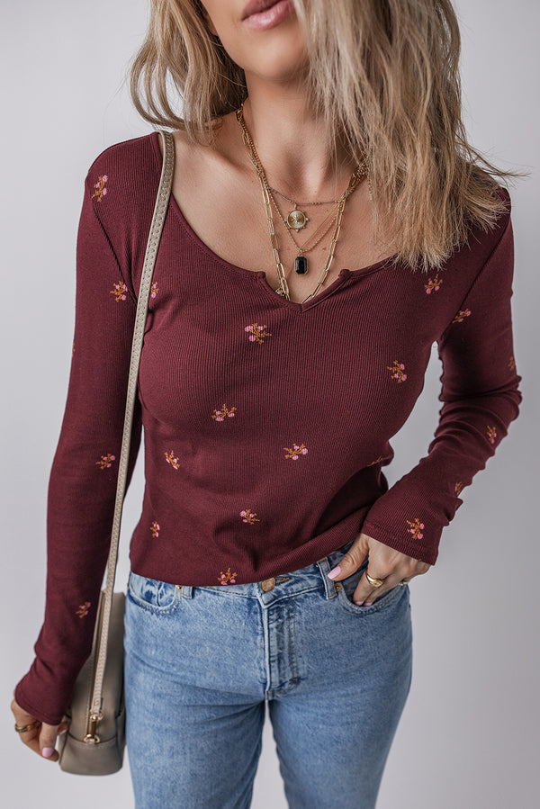 Notched Neck Floral Print Ribbed Long Sleeve Top