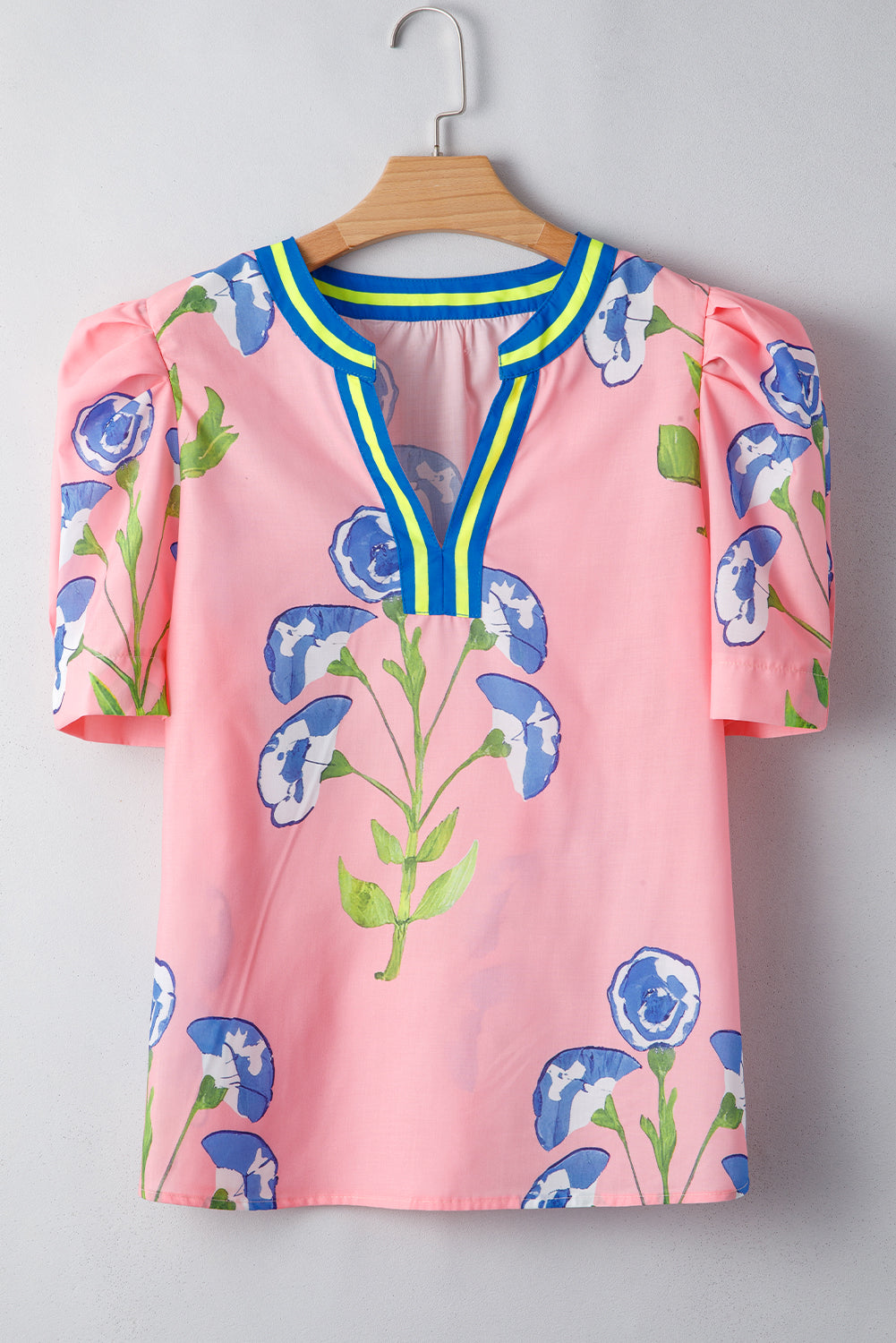 Floral Print Striped Notched V Neck Bubble Sleeve Blouse