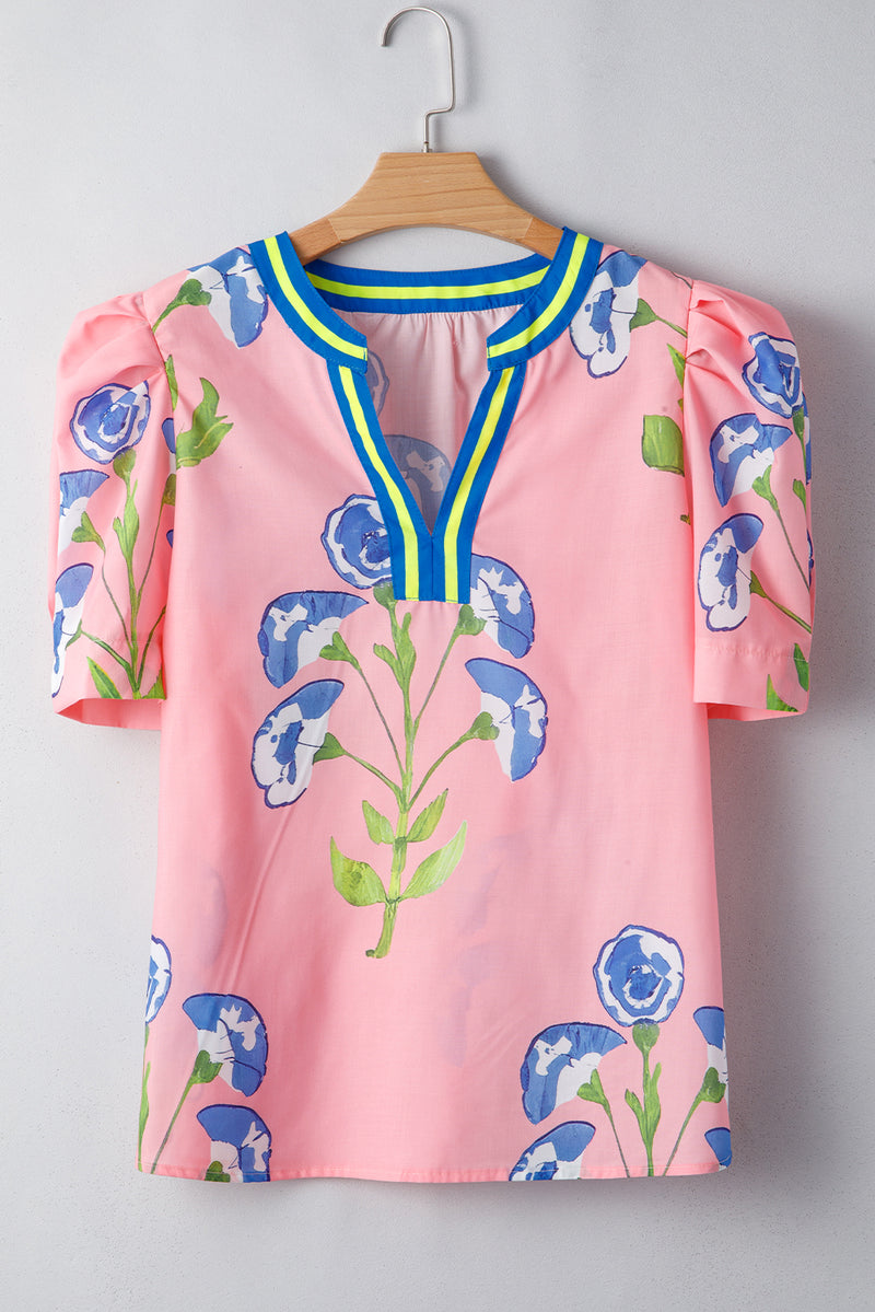 Floral Print Striped Notched V Neck Bubble Sleeve Blouse
