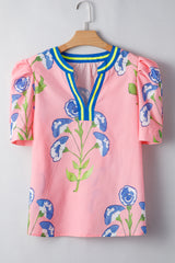 Floral Print Striped Notched V Neck Bubble Sleeve Blouse