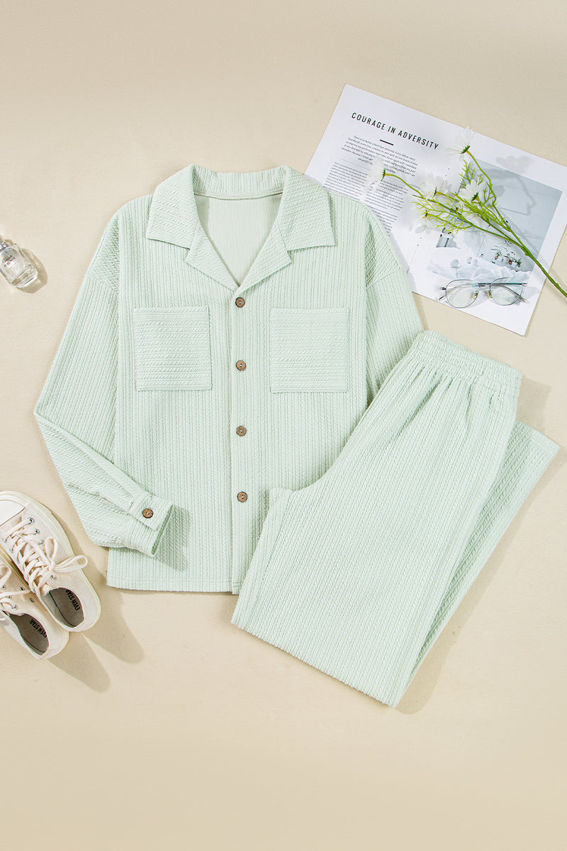 Light Green Textured Patched Chest Pocket Shirt and Pants Set