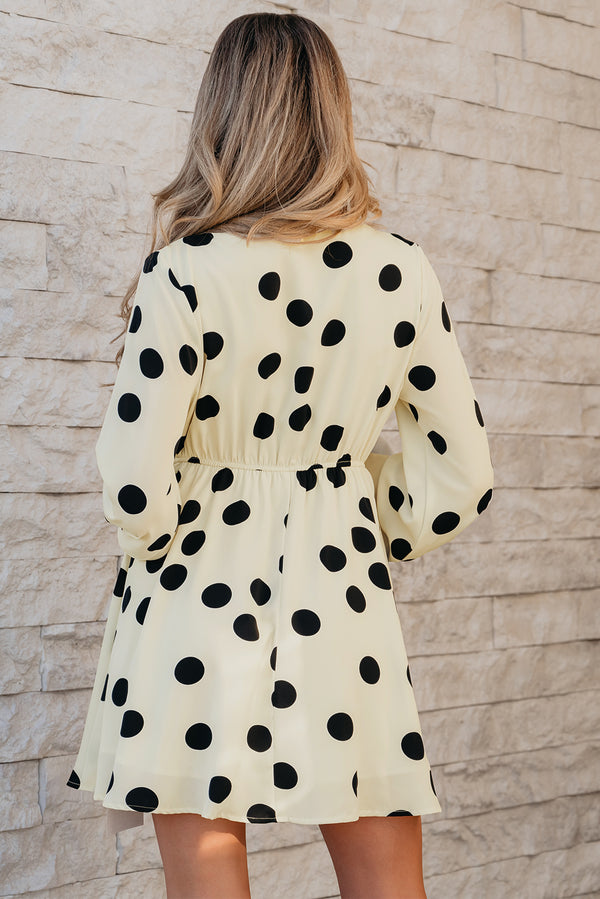 Polka Dot Printed Surplice V Neck Puff Sleeve Mini Dress