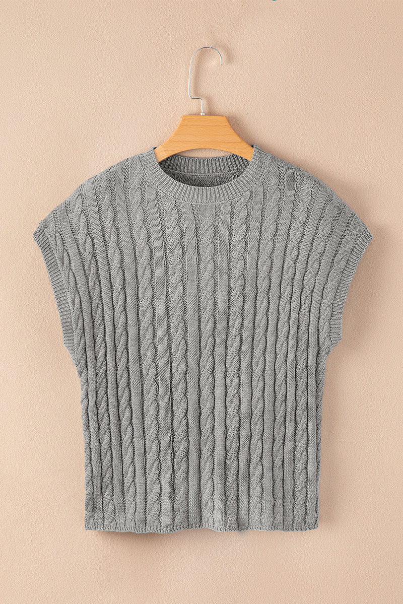 Solid Crew Neck Cable Knit Short Sleeve Sweater
