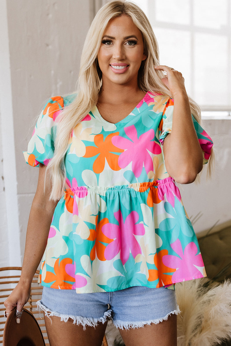 Multicolored Floral Print Bubble Sleeve V Neck Peplum Blouse