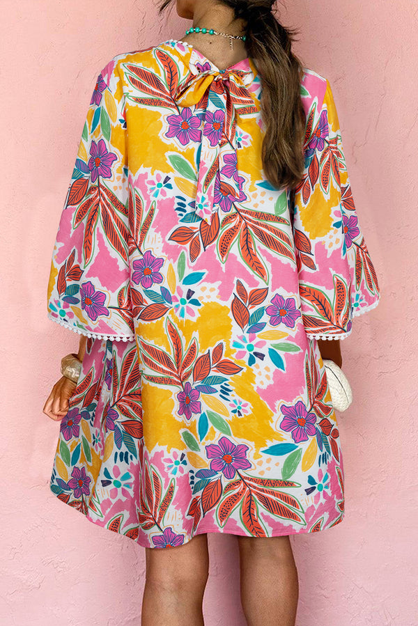 Floral Print Lace Trimmed Tie Back Bell Sleeve Swing Mini Dress