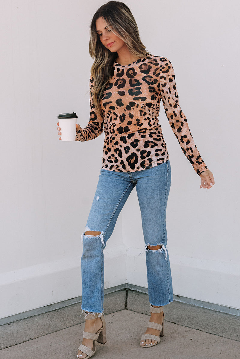 Leopard Round Neck Long Sleeve Slim Top