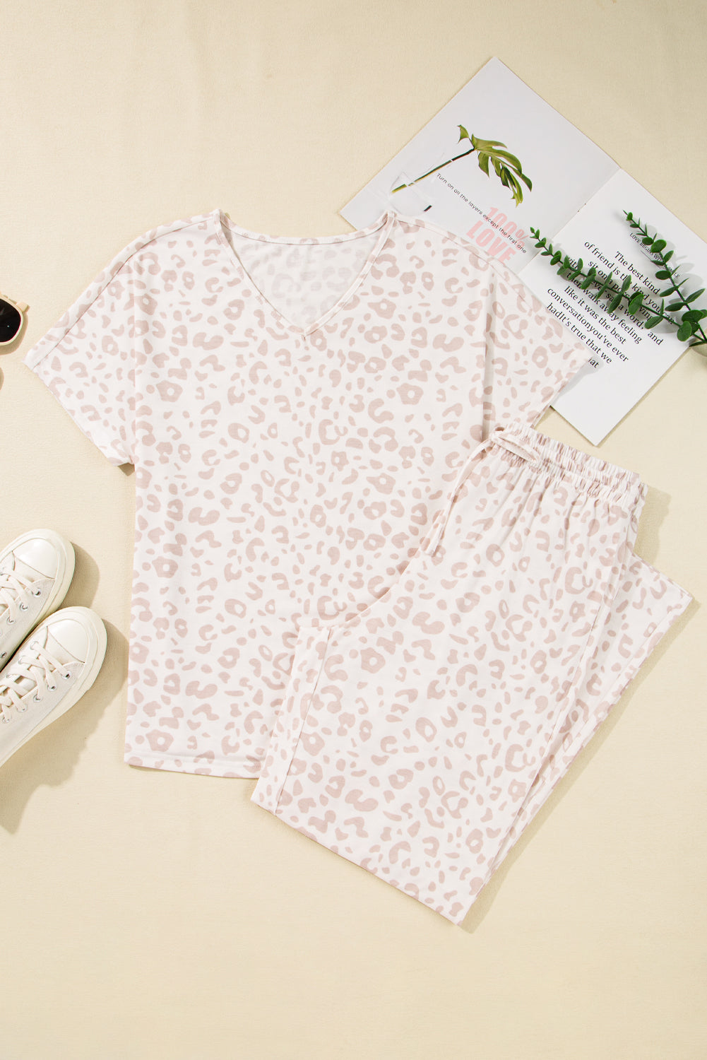 Cheetah V Neck Tee and Pants Lounge Set