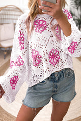 Contrast Flower Print Eyelet Drop Shoulder Sweater