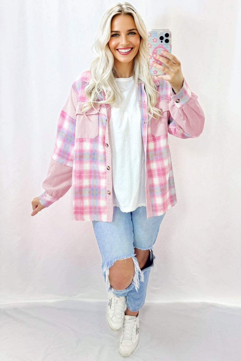Brushed Plaid Corduroy Flap Pockets Patchwork Shacket